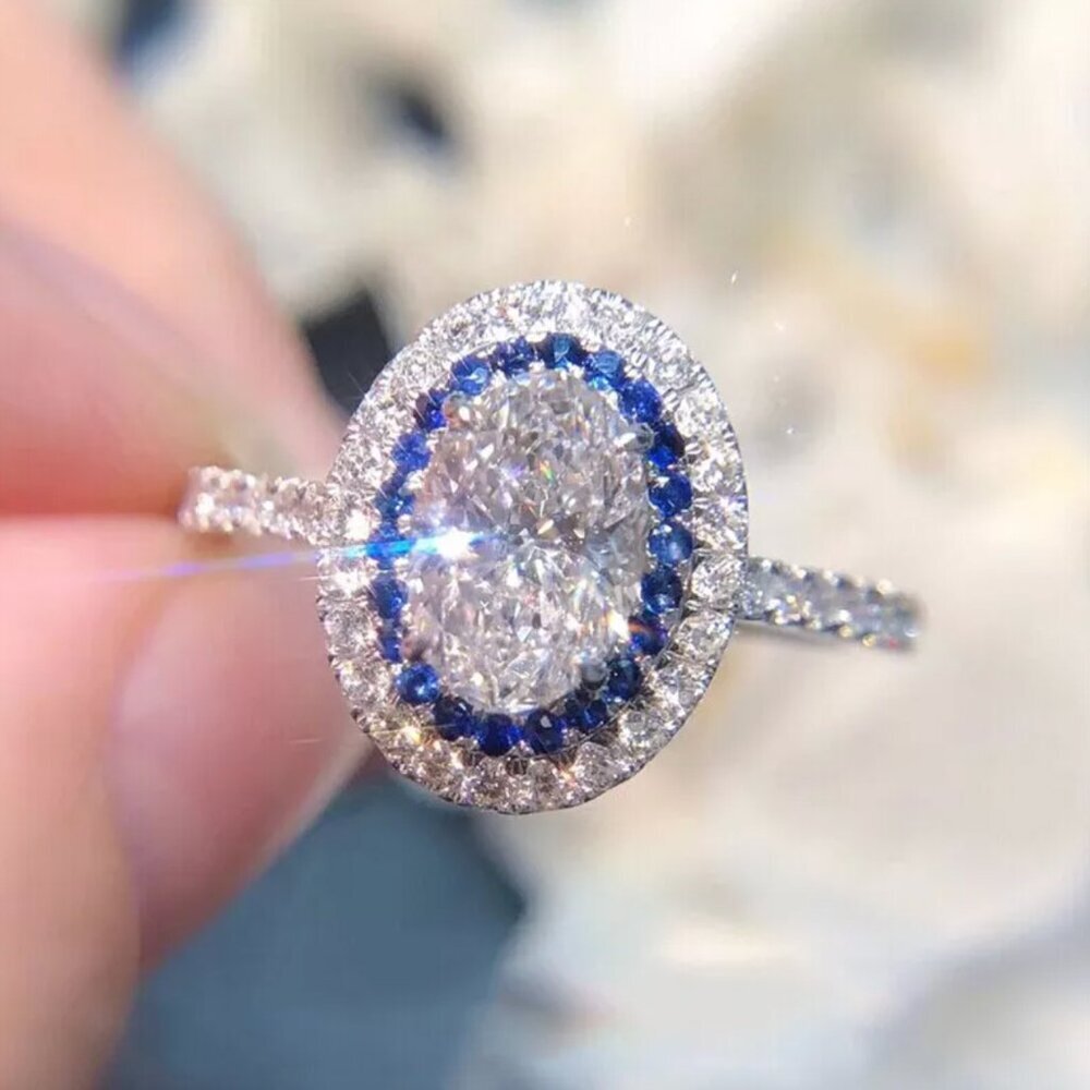 NEW 925 Sterling Silver Diamond Ring Oval Cut Ring Blue Sapphire Ring